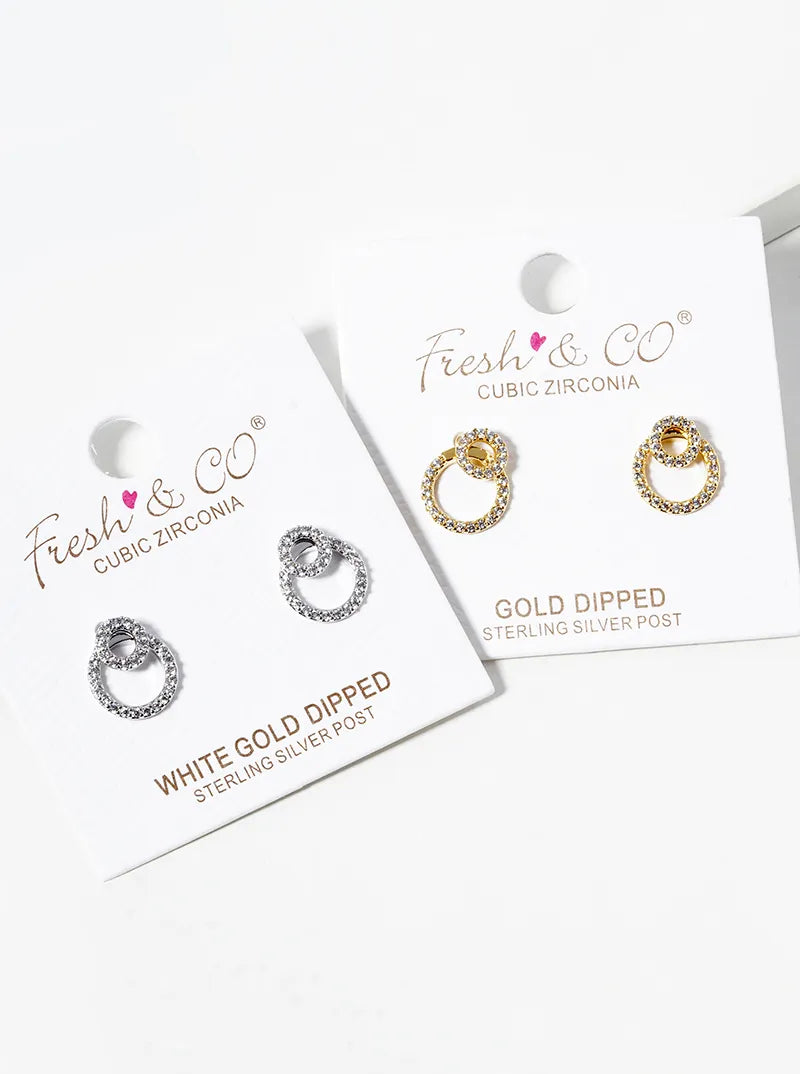 18k Gold Dipped CZ Pave Double Circle Post Stud Earrings