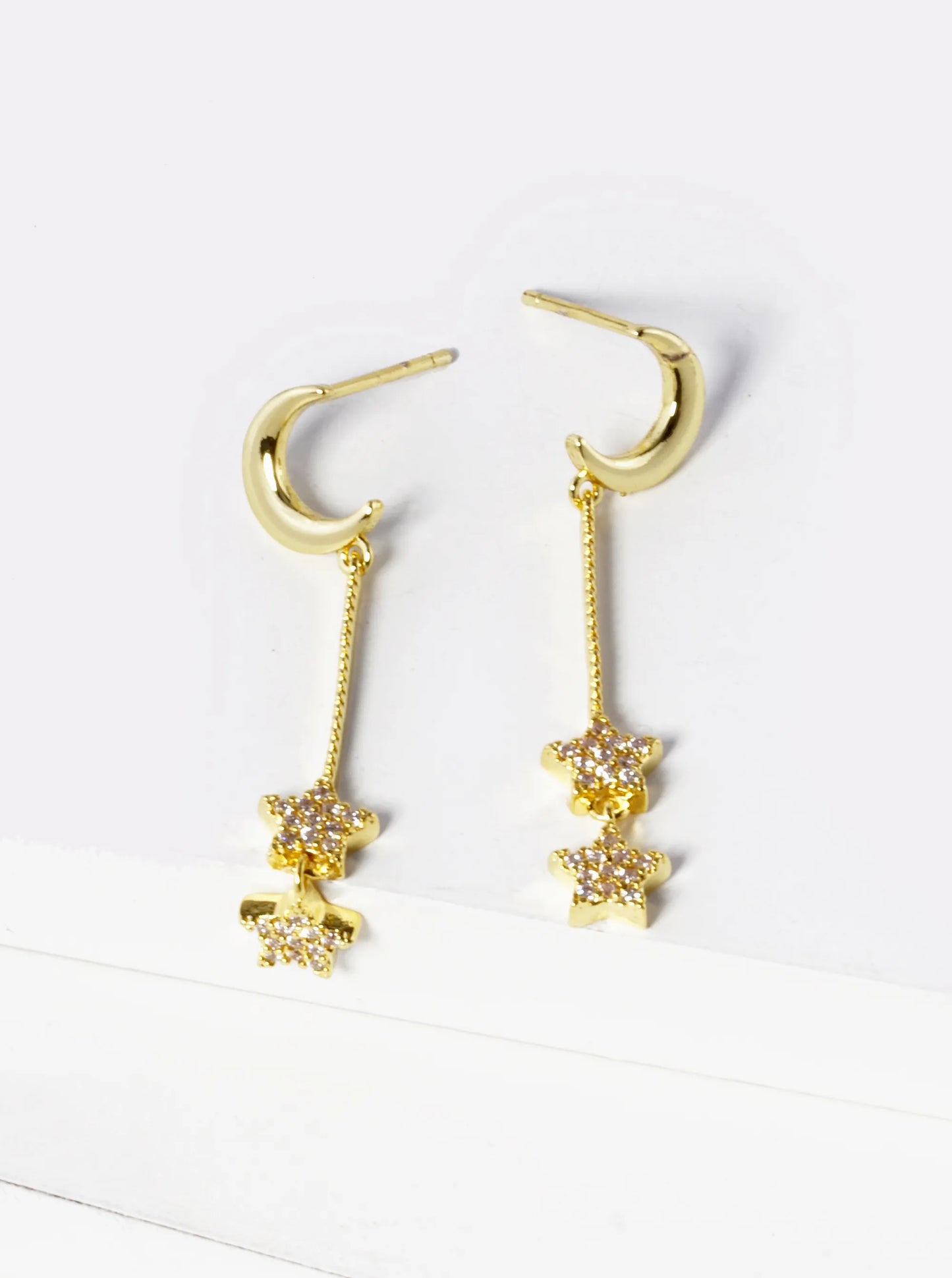 White Gold Dipped CZ Pave Double Star Drop Celestial Earrings