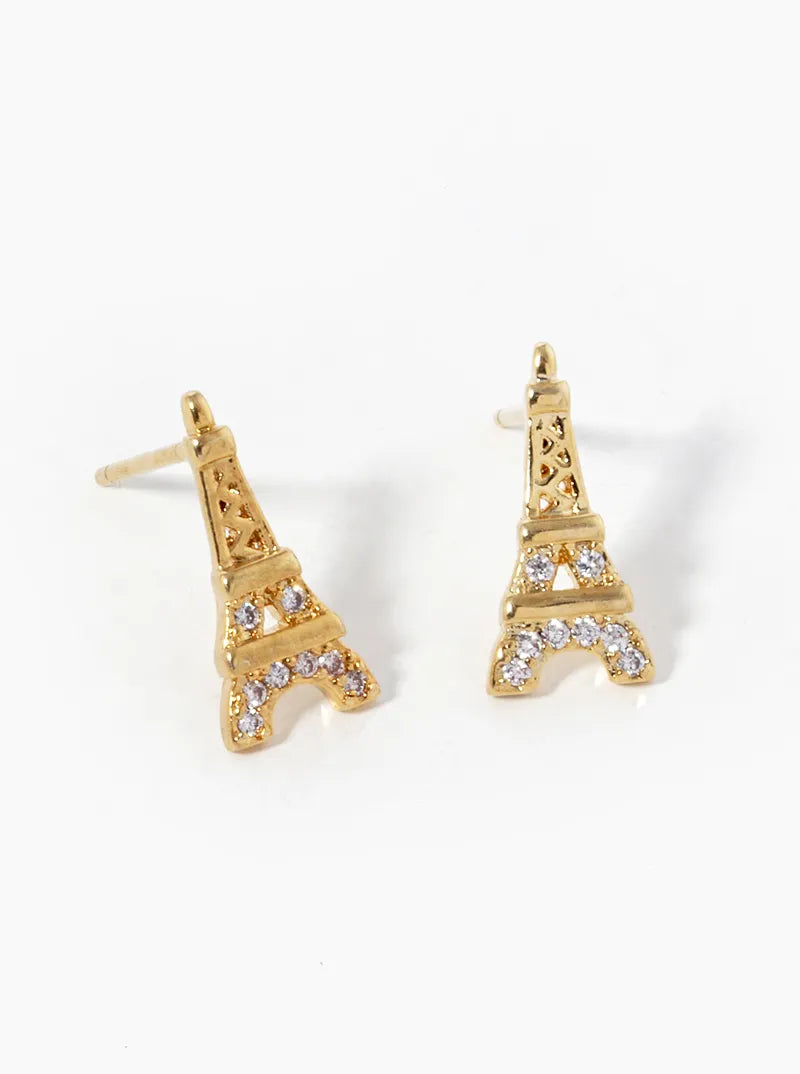 White Gold Dipped CZ Pave Eiffel Tower Stud Earrings