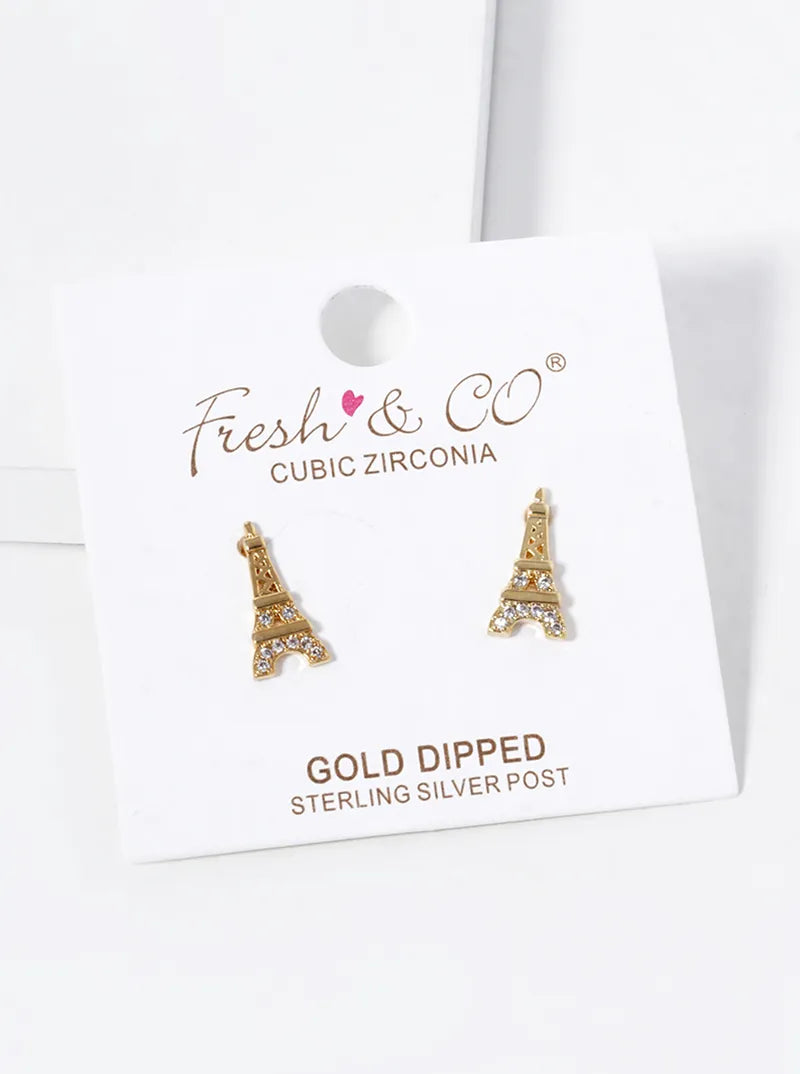 18k Gold Dipped CZ Pave Eiffel Tower Stud Earrings