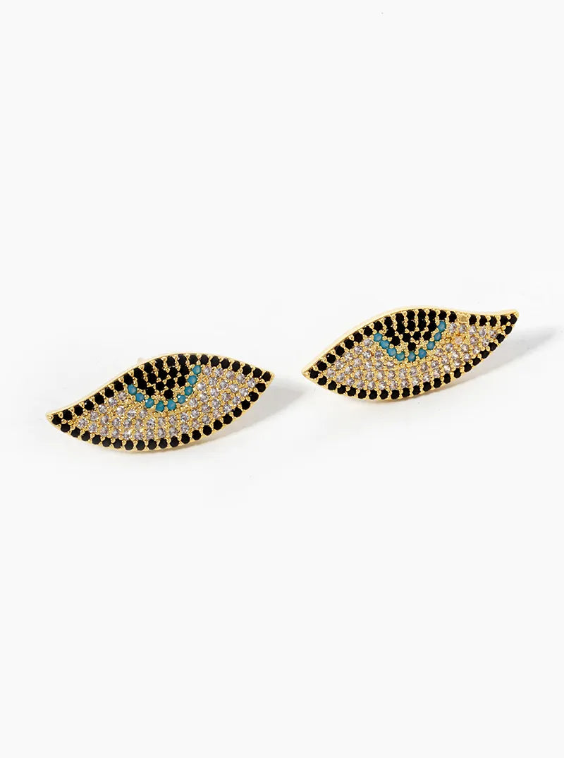 White Gold Dipped CZ Pave Evil Eye Spiritual Stud Earrings