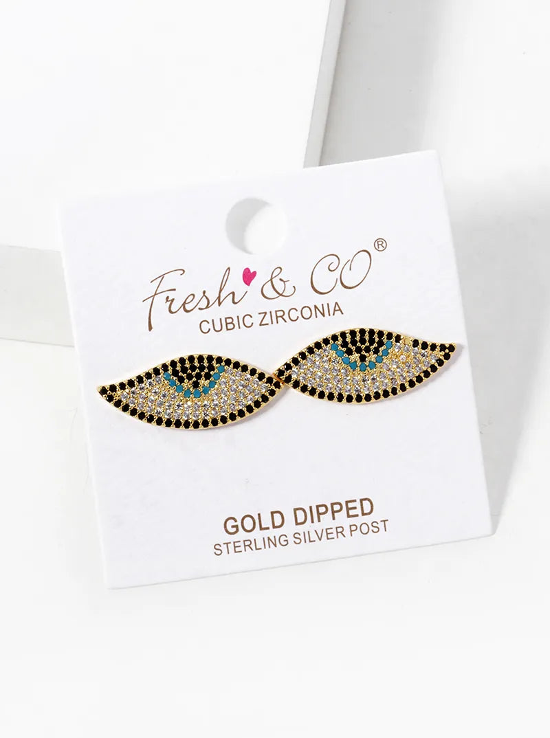 18k Gold Dipped CZ Pave Evil Eye Spiritual Stud Earrings