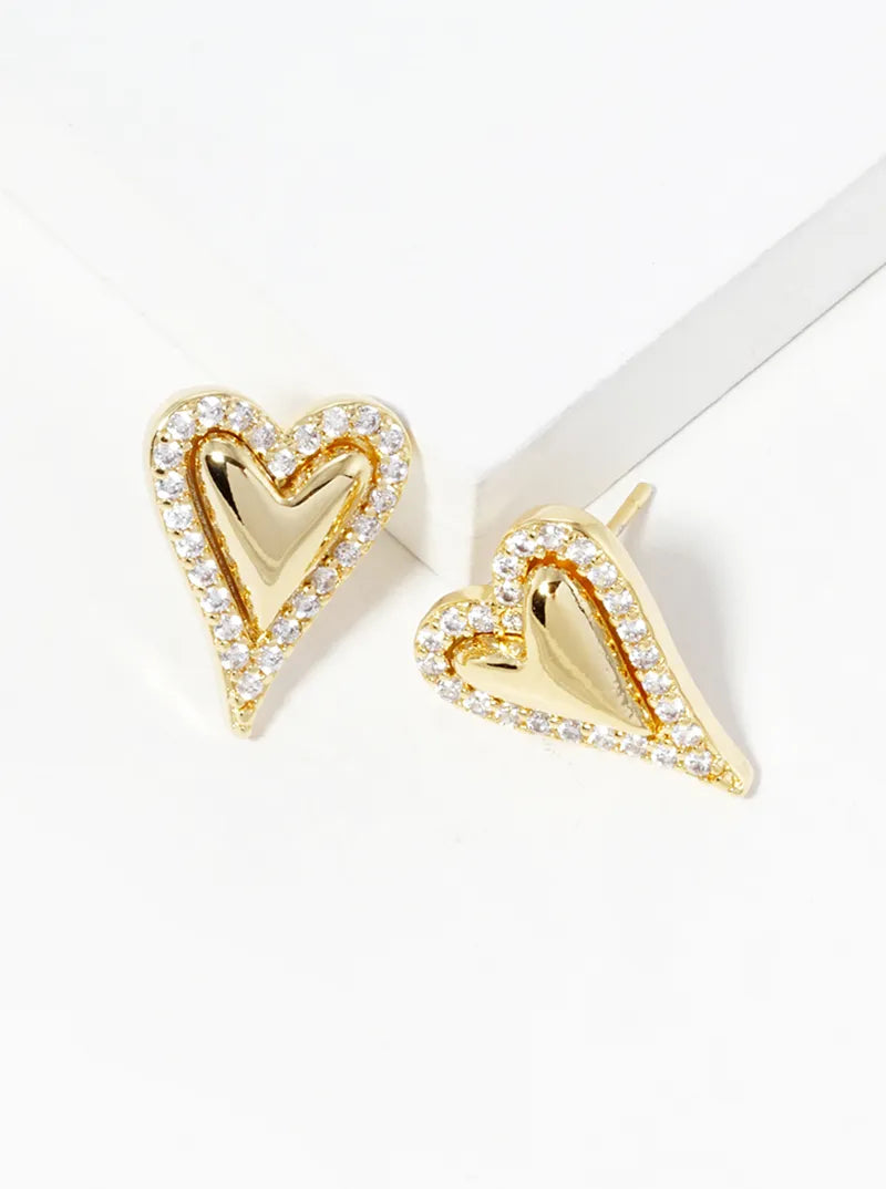 White Gold Dipped CZ Pave Heart Post Stud Earrings