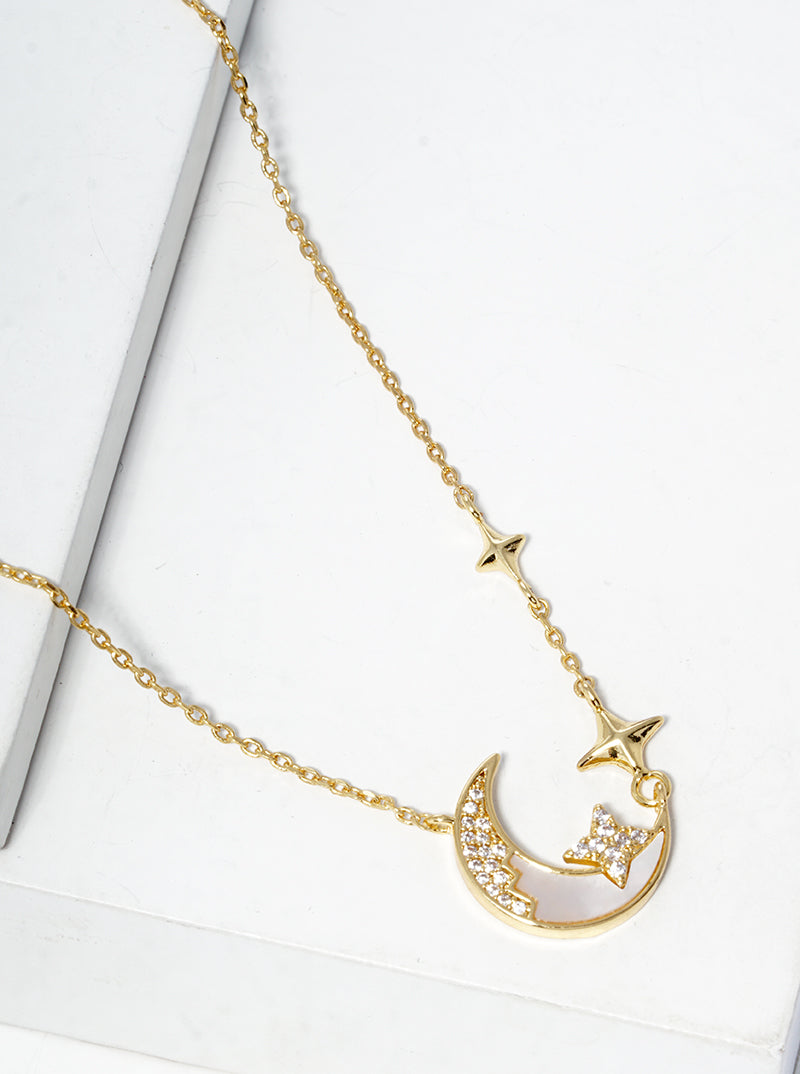 White Gold Dipped CZ Pave MOP Crescent Moon Pendant Necklace