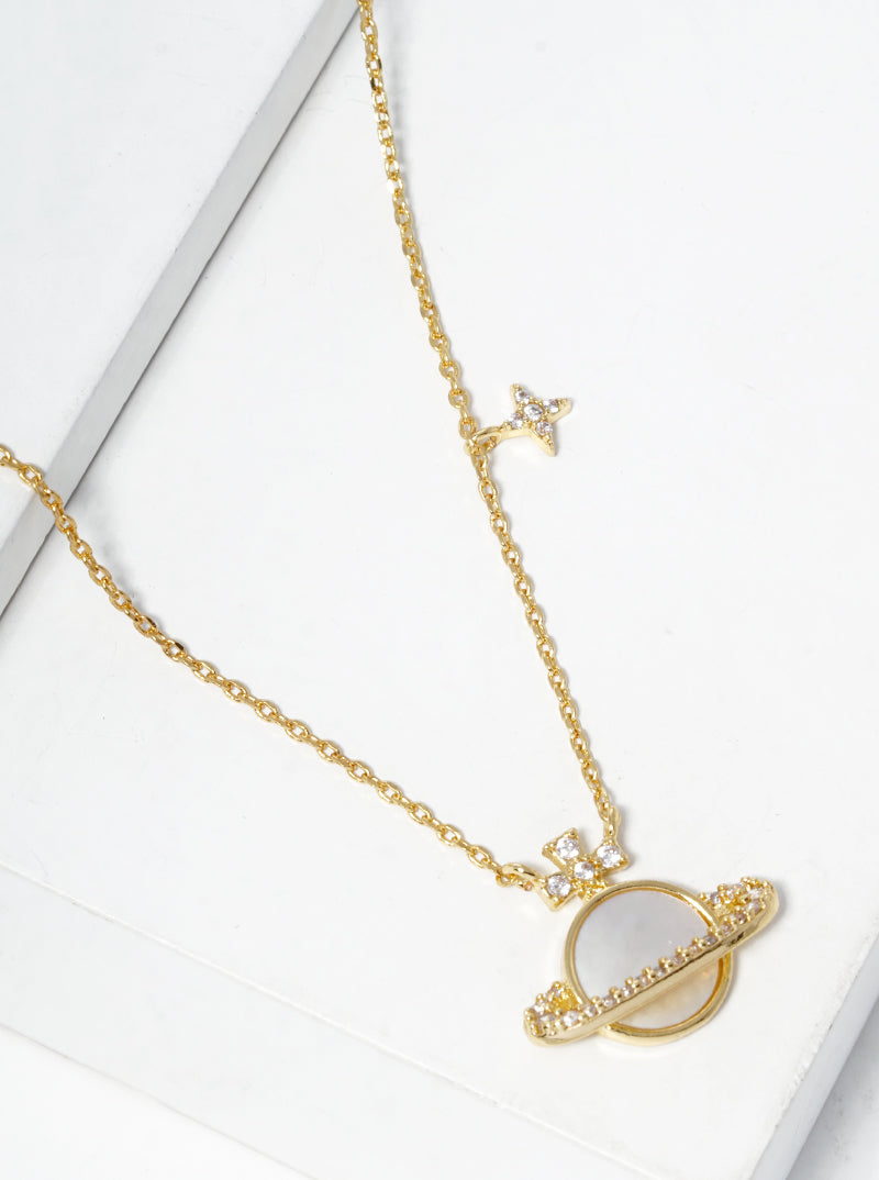 White Gold Dipped CZ Pave MOP Saturn Pendant Necklace