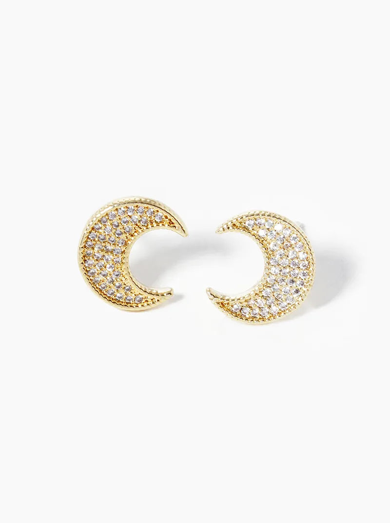White Gold Dipped CZ Pave Moon Post Stud Earrings