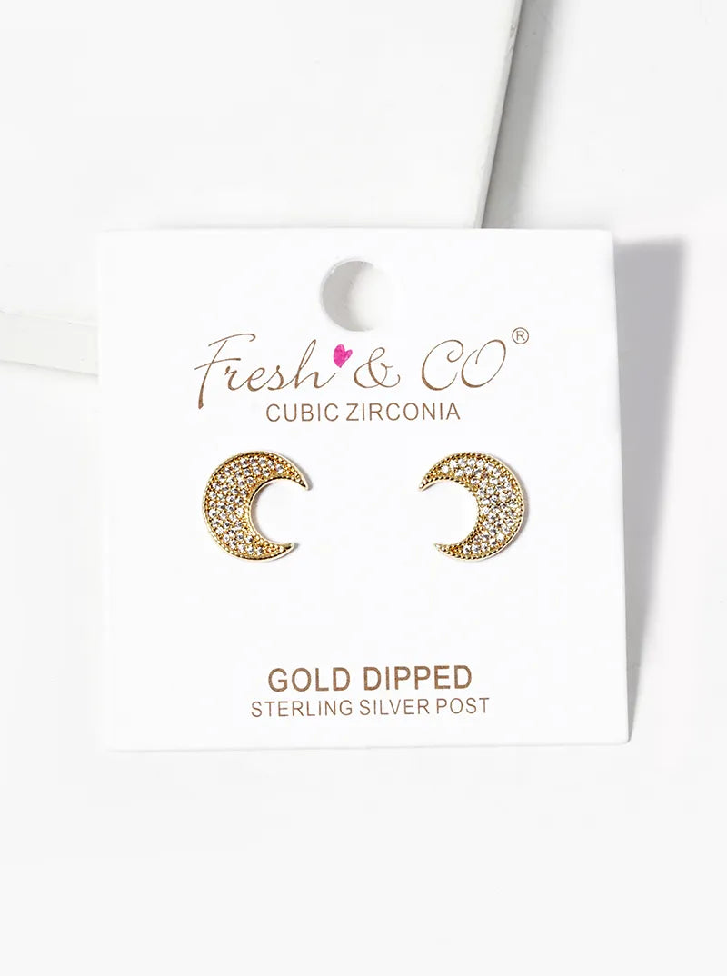 18k Gold Dipped CZ Pave Moon Post Stud Earrings