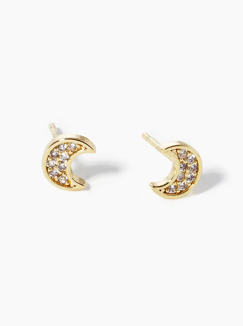 White Gold Dipped CZ Pave Moon Post Stud Earrings