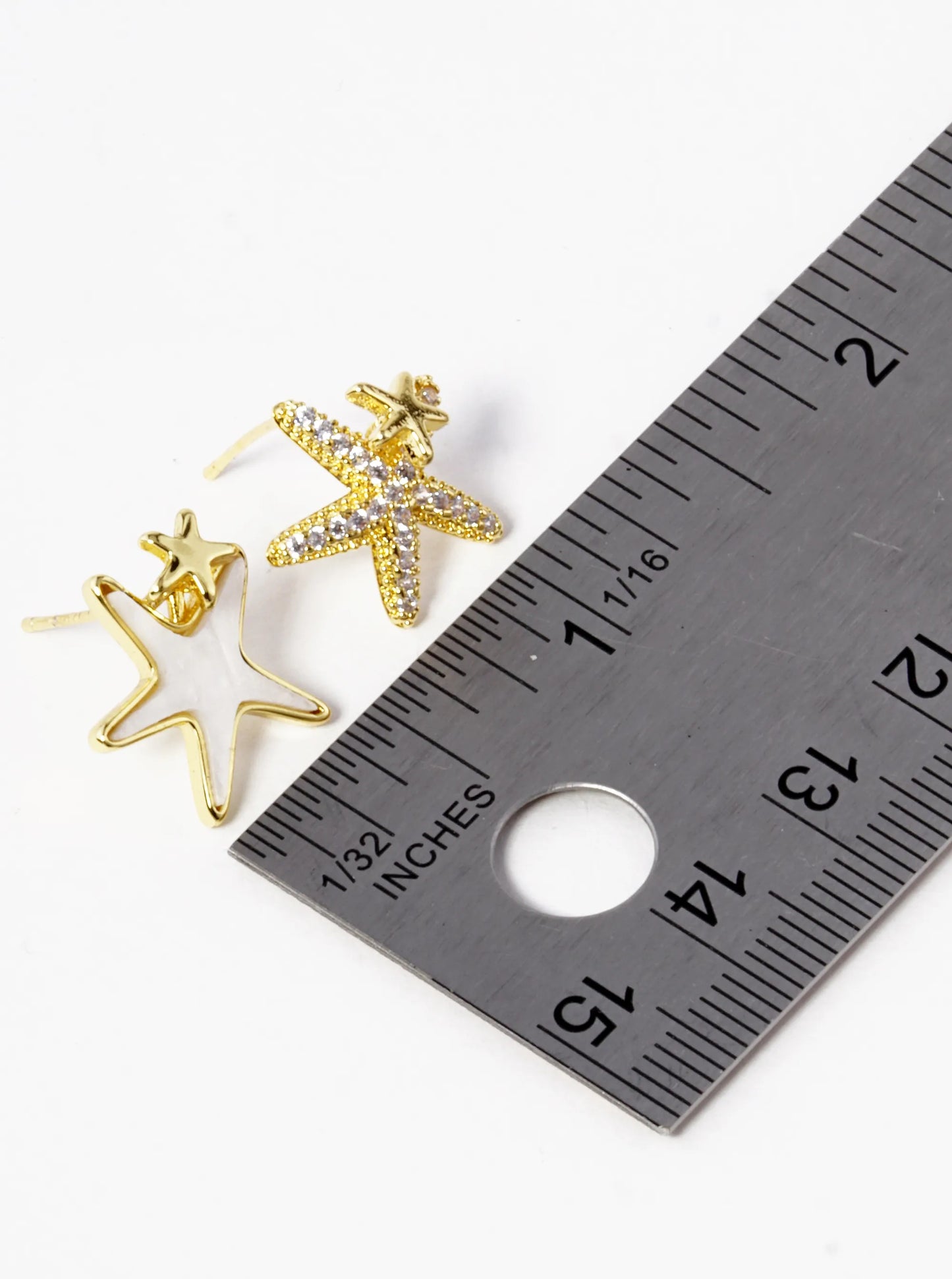 18k Gold Dipped CZ Pave Mother Of Pearl Asymmetric Brass Starfish Stud Earrings