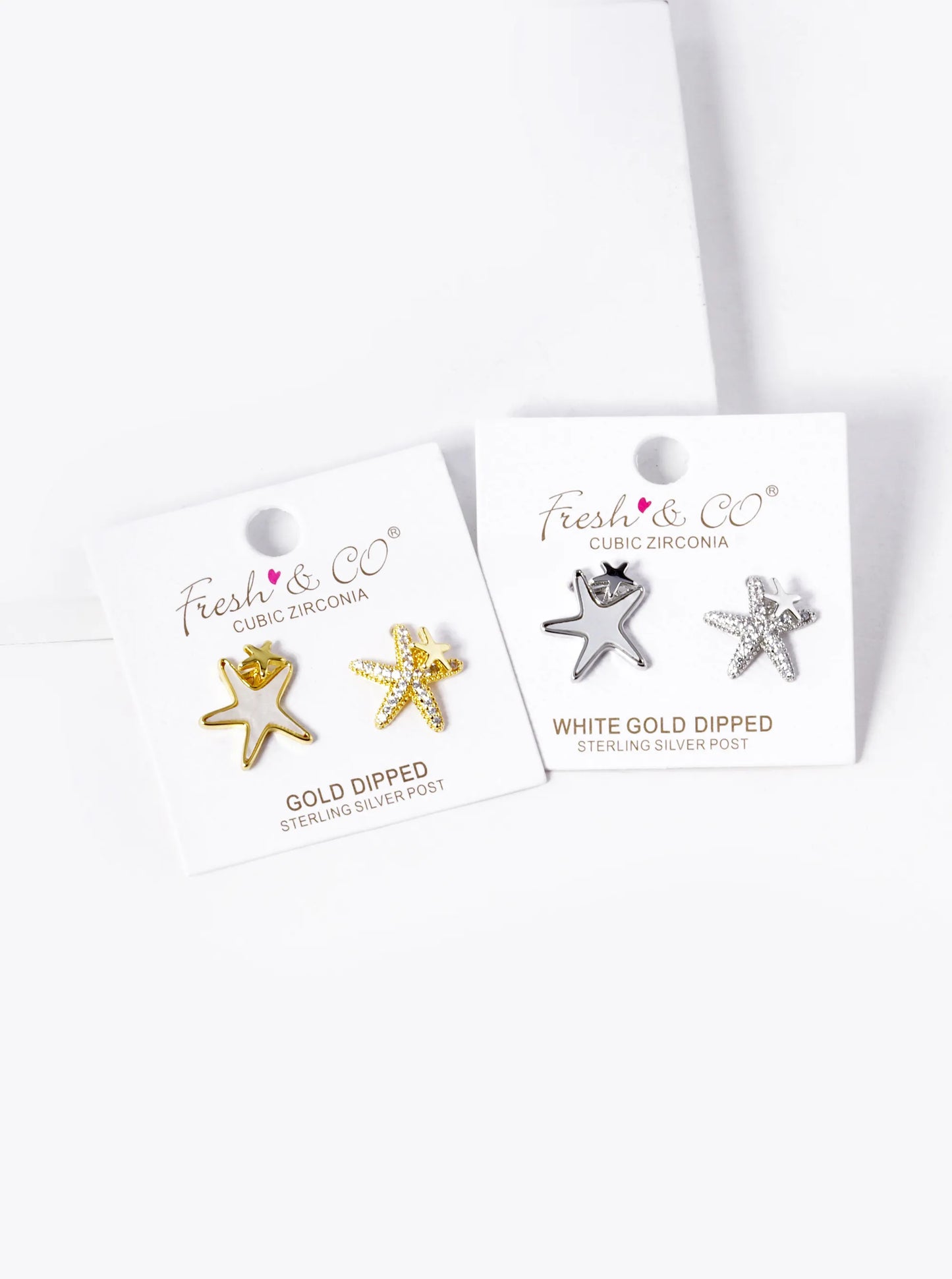 18k Gold Dipped CZ Pave Mother Of Pearl Asymmetric Brass Starfish Stud Earrings