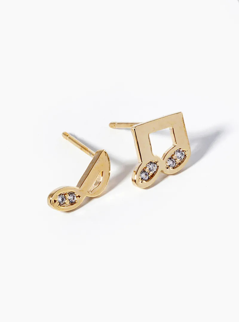 White Gold Dipped CZ Pave Musical Notes Post Stud Earrings