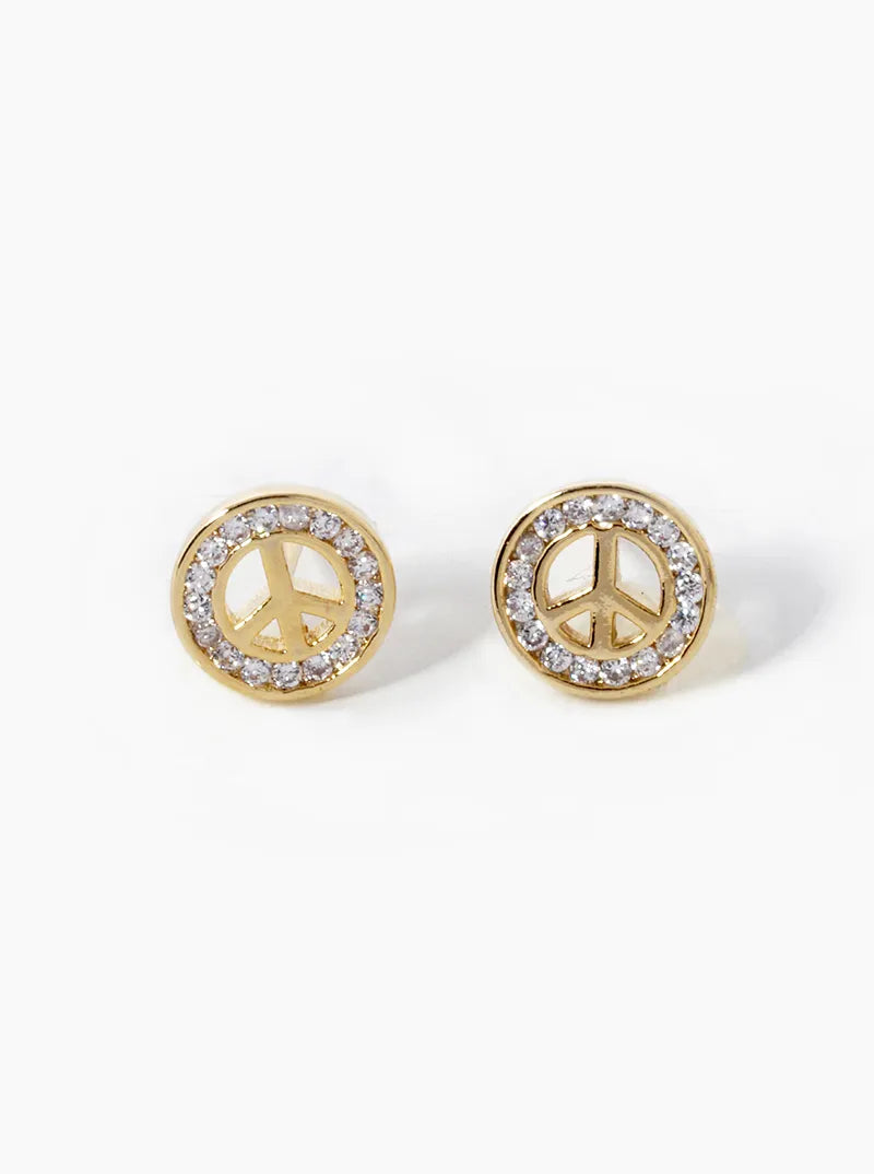 White Gold Dipped CZ Pave Peace Sign Stud Earrings