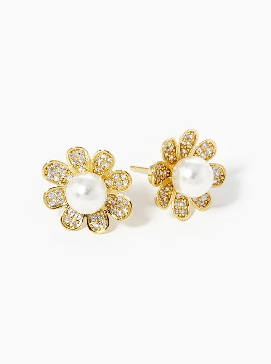 18k Gold Dipped CZ Pave Pearl Flower Stud Earrings