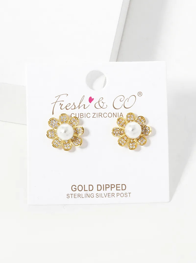 18k Gold Dipped CZ Pave Pearl Flower Stud Earrings
