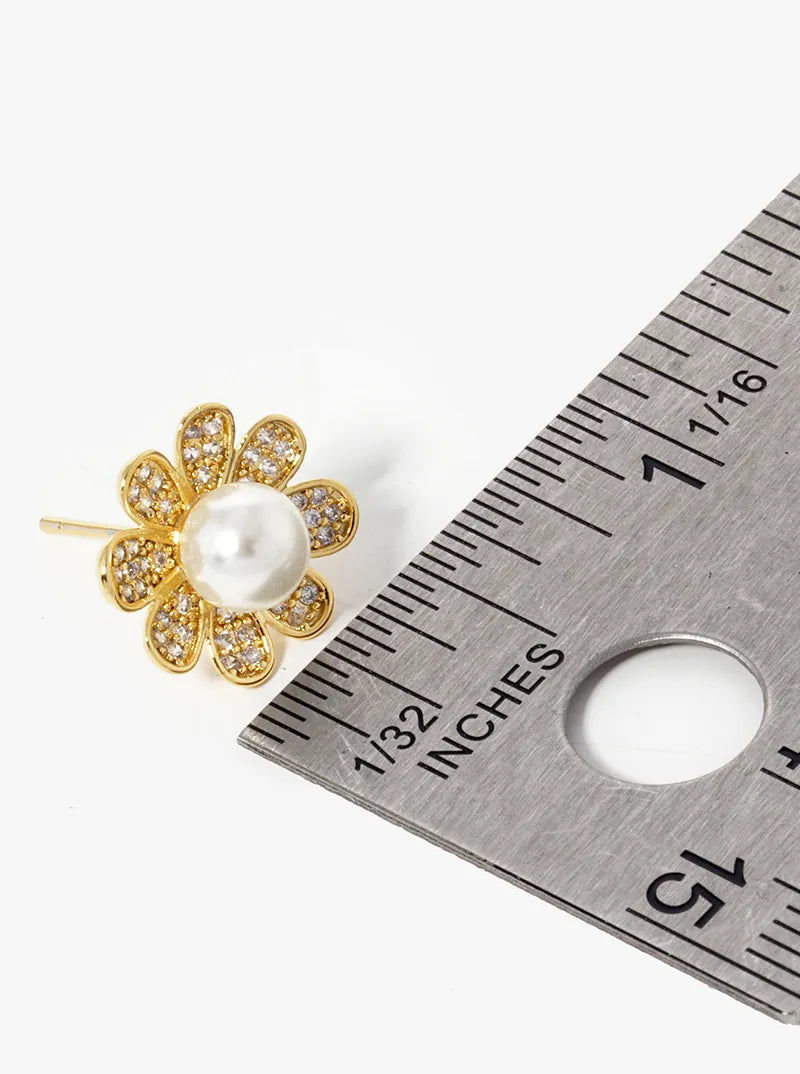 18k Gold Dipped CZ Pave Pearl Flower Stud Earrings