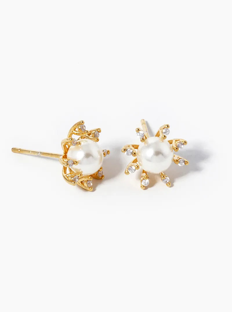 White Gold Dipped CZ Pave Pearl Flower Stud Earrings