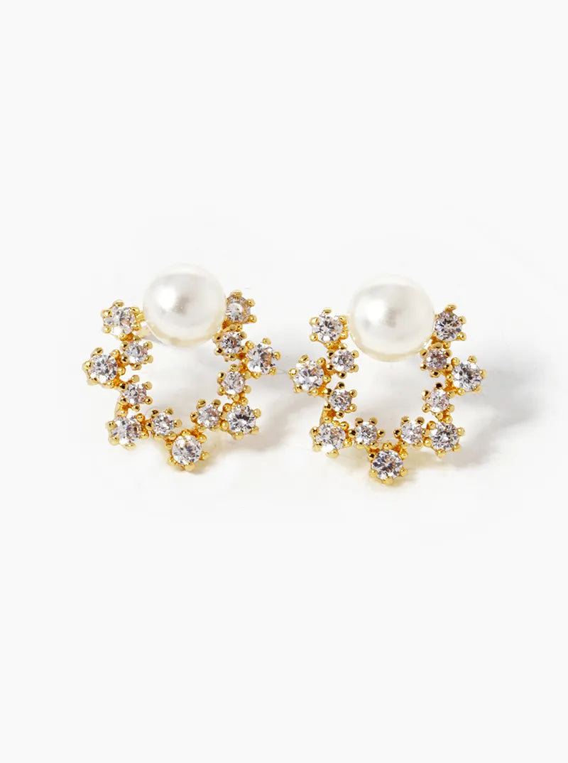 White Gold Dipped CZ Pave Pearl Wreath Stud Earrings