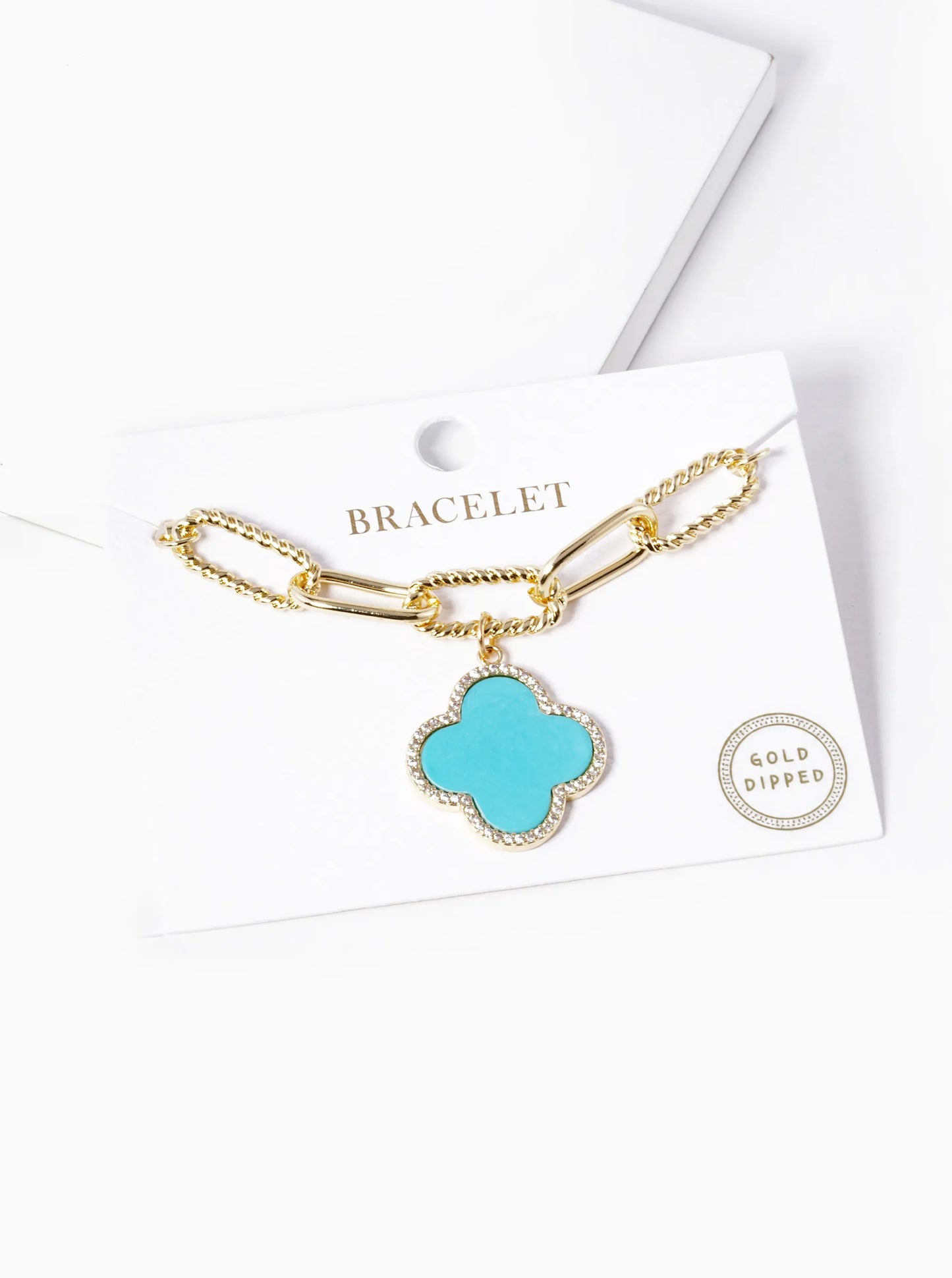 18k Gold Dipped CZ Pave Quatrefoil Charm Chain Bracelet