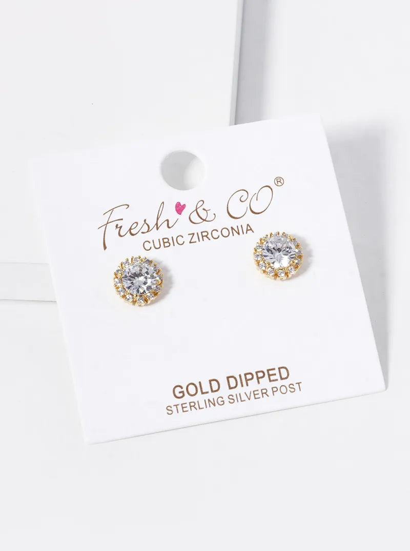 18k Gold Dipped CZ Pave Round Stud Earrings