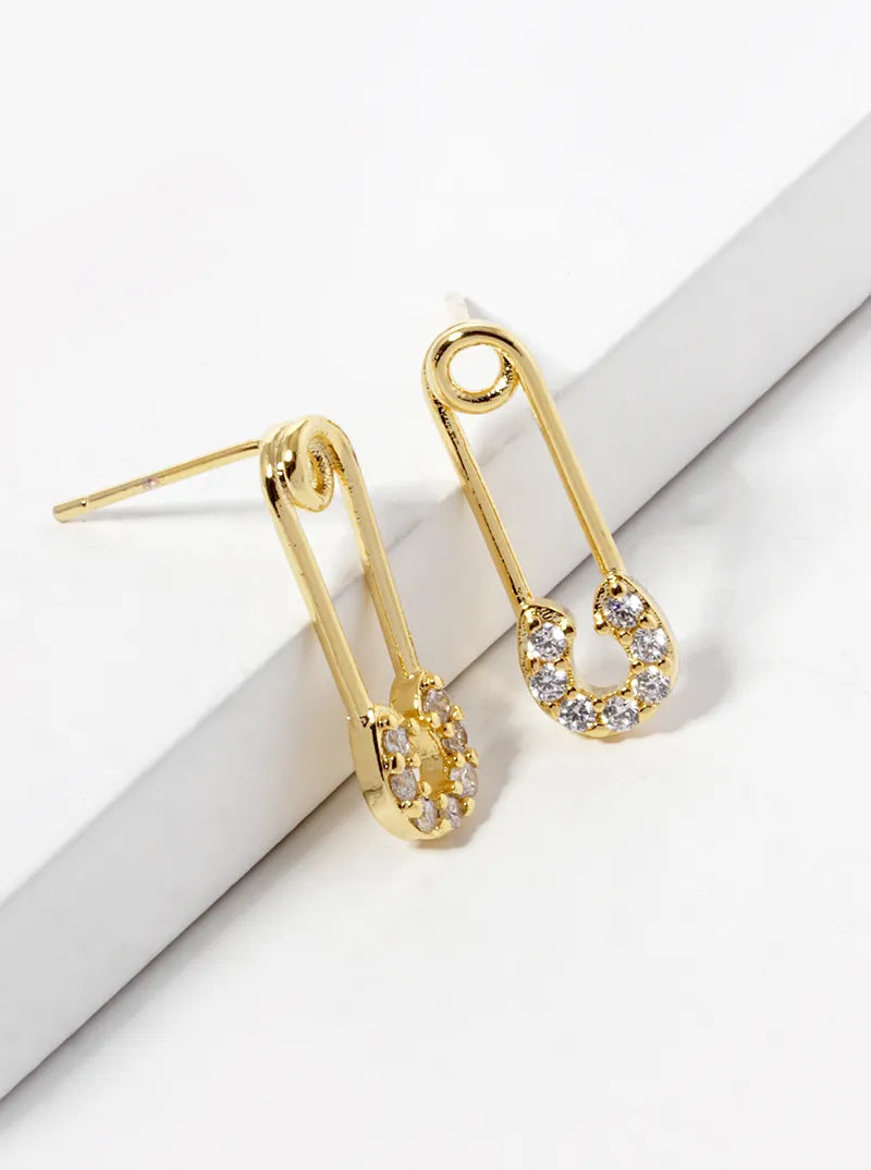 White Gold Dipped CZ Pave Safety Pin Stud Earrings