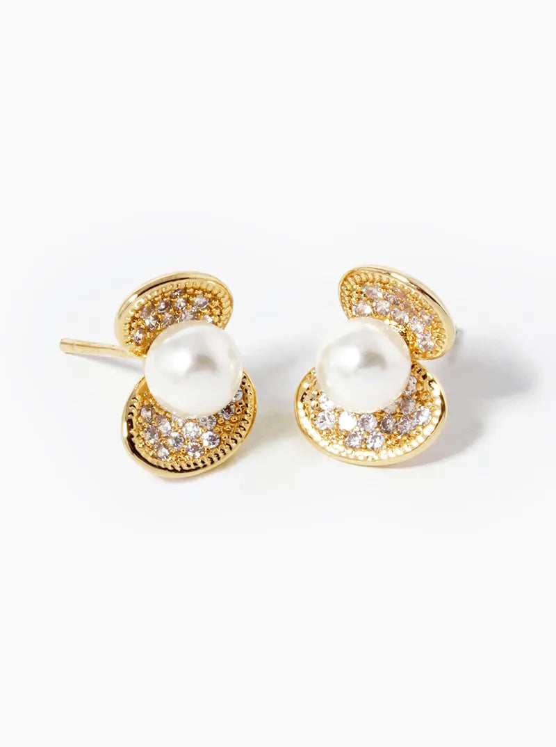 White Gold Dipped CZ Pave Shell With Pearls Stud Earrings