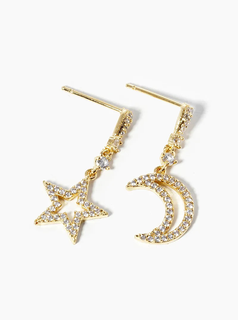 White Gold Dipped CZ Pave Star And Moon Drop Dangle Post Earrings