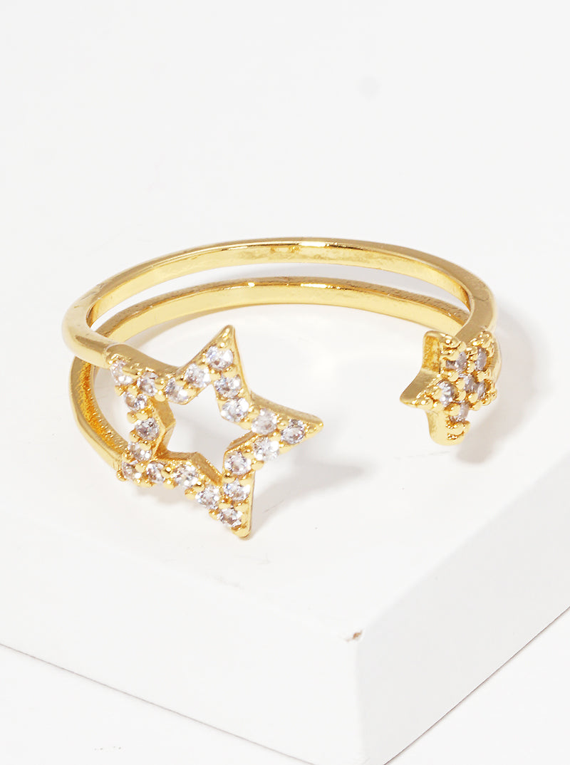 White Gold Dipped CZ Pave Stars Adjustable Cuff Ring