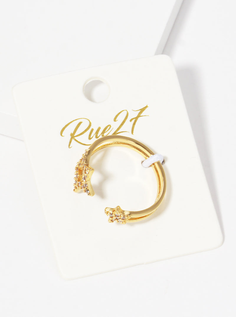 18k Gold Dipped CZ Pave Stars Adjustable Cuff Ring