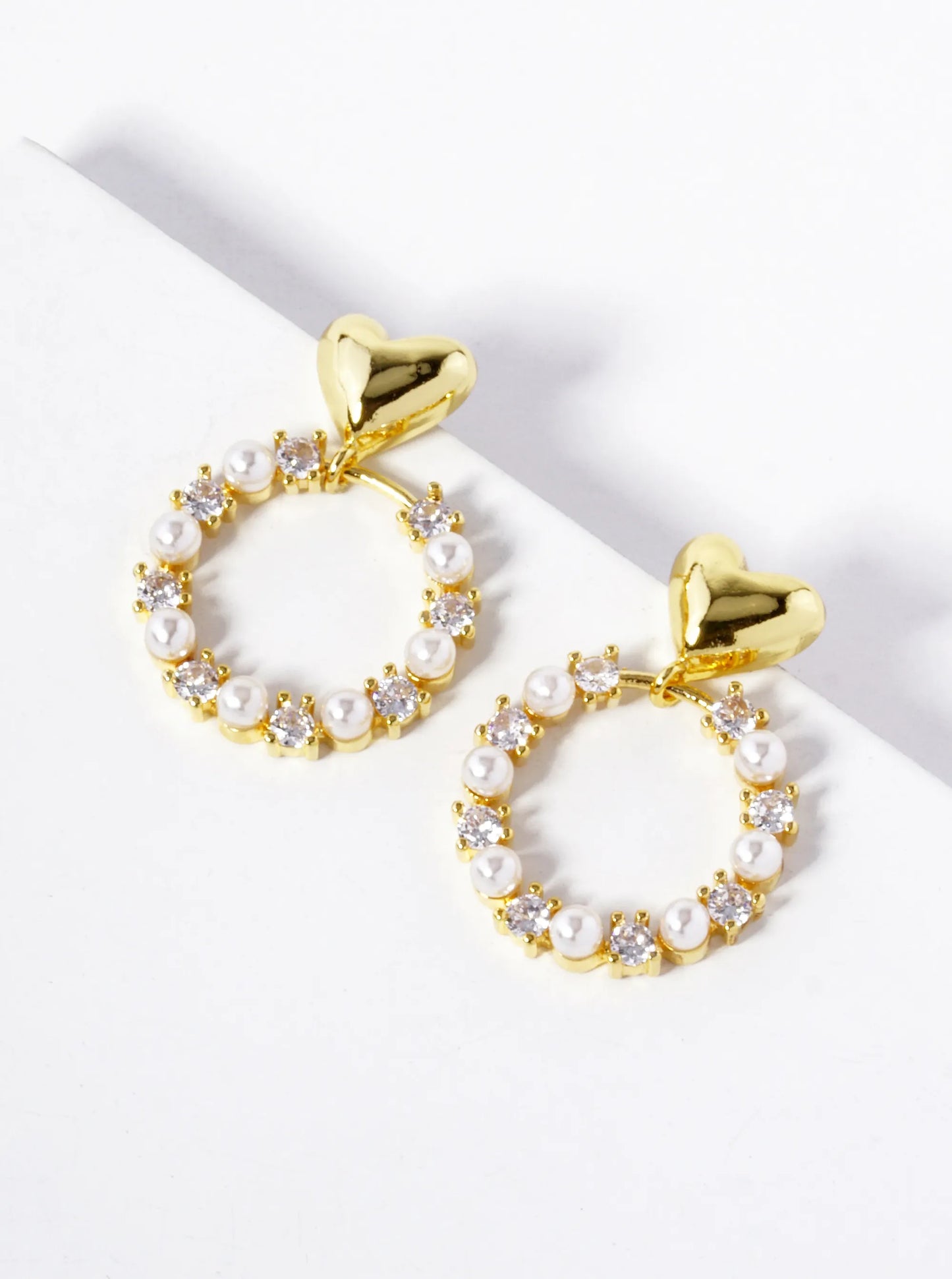 White Gold Dipped CZ Pearl Beaded Circle Drop Heart Dangle Earrings