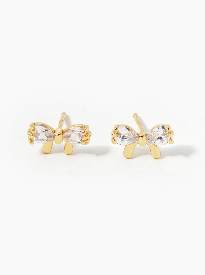 White Gold Dipped CZ Ribbon Bow Stud Earrings