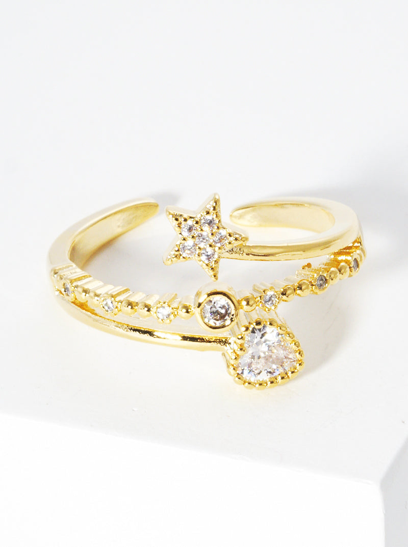 White Gold Dipped CZ Star And Heart Adjustable Cuff Ring