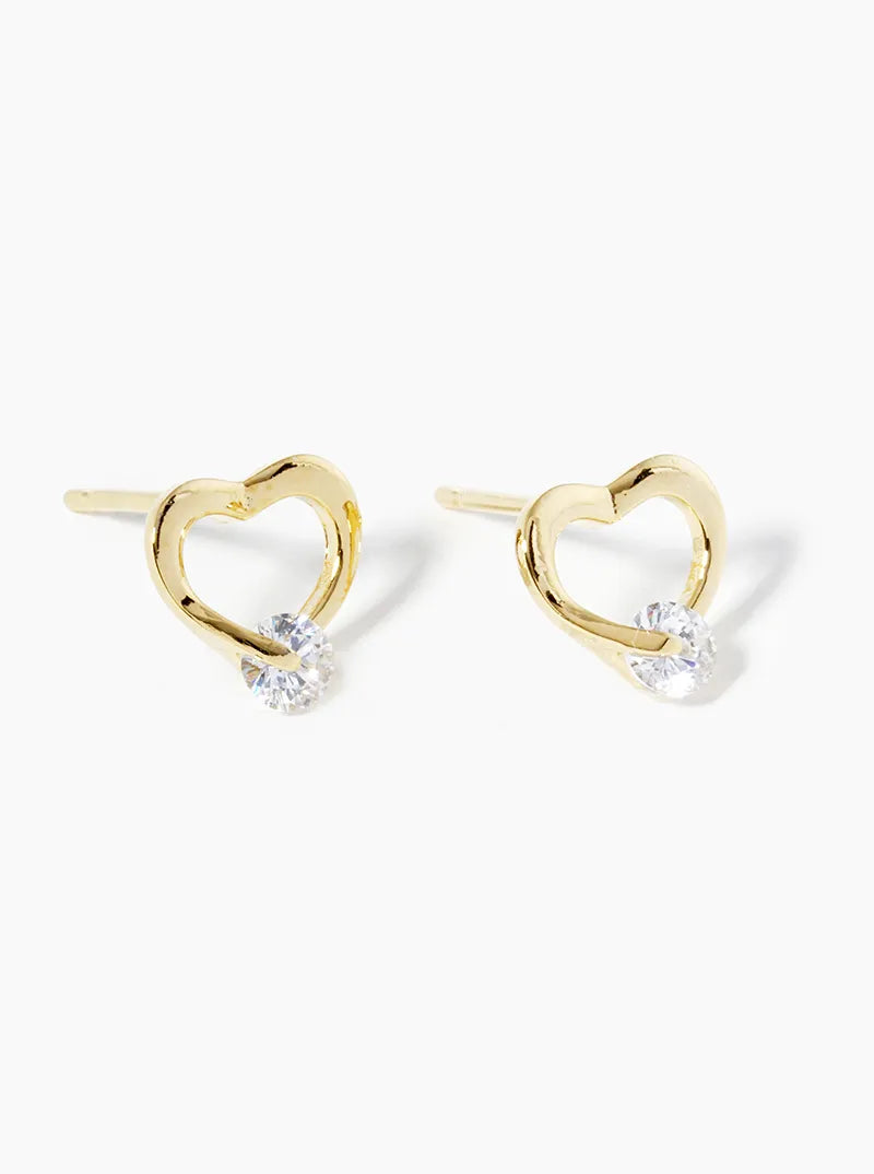 White Gold Dipped CZ Stone Delicate Heart Post Stud Earrings