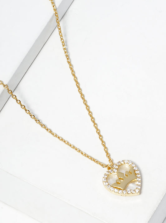 White Gold Dipped Crown In CZ Pave MOP Heart Pendant Necklace