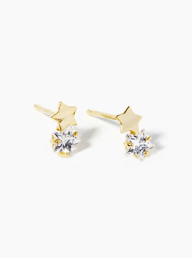 White Gold Dipped Delicate CZ Double Stars Post Stud Earrings