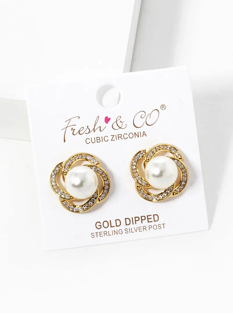 18k Gold Dipped Designer Inspired CZ Pave Pearl Flower Stud Earrings