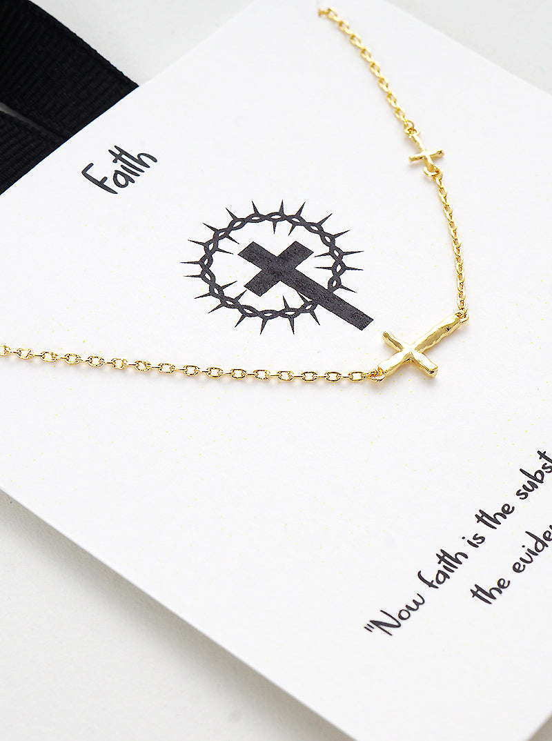 18k Gold Dipped Hammered Double Cross Pendant Necklace