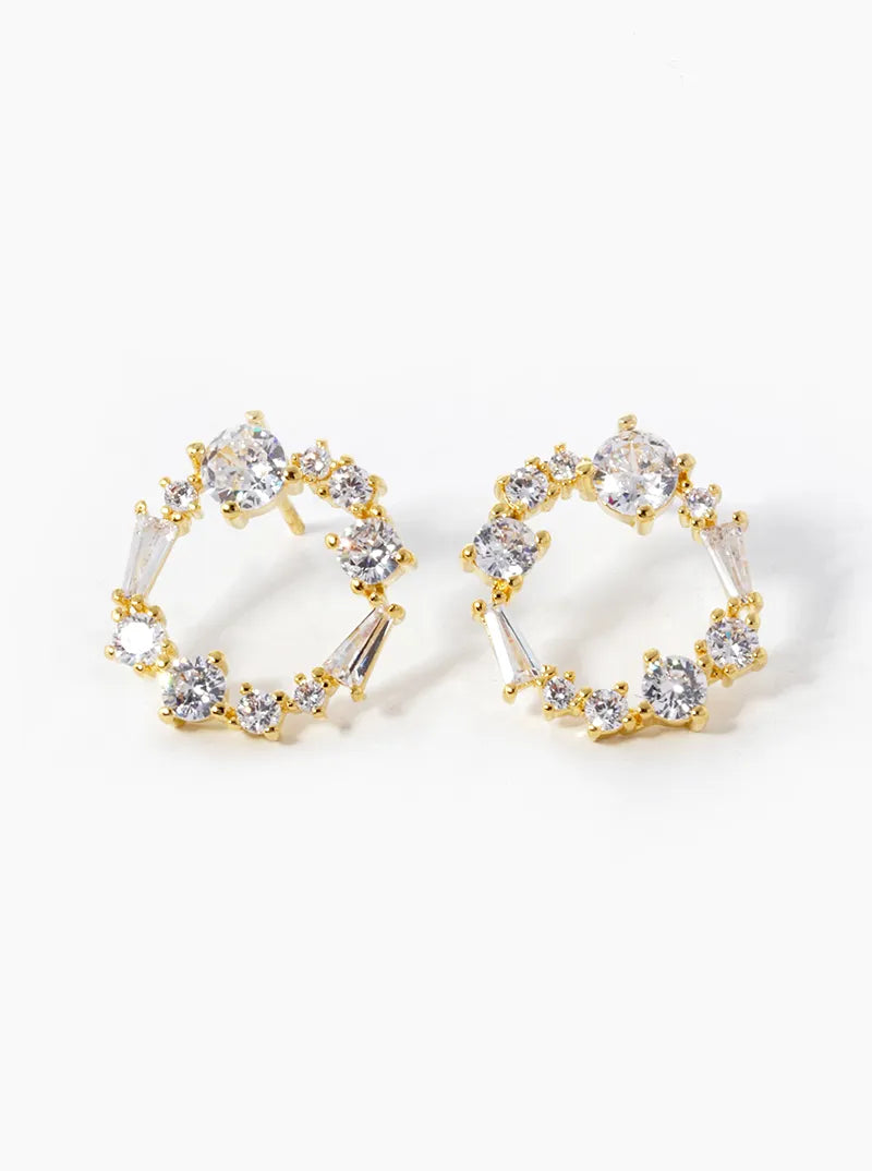 White Gold Dipped Multi Shape CZ Pave Circle Stud Earrings