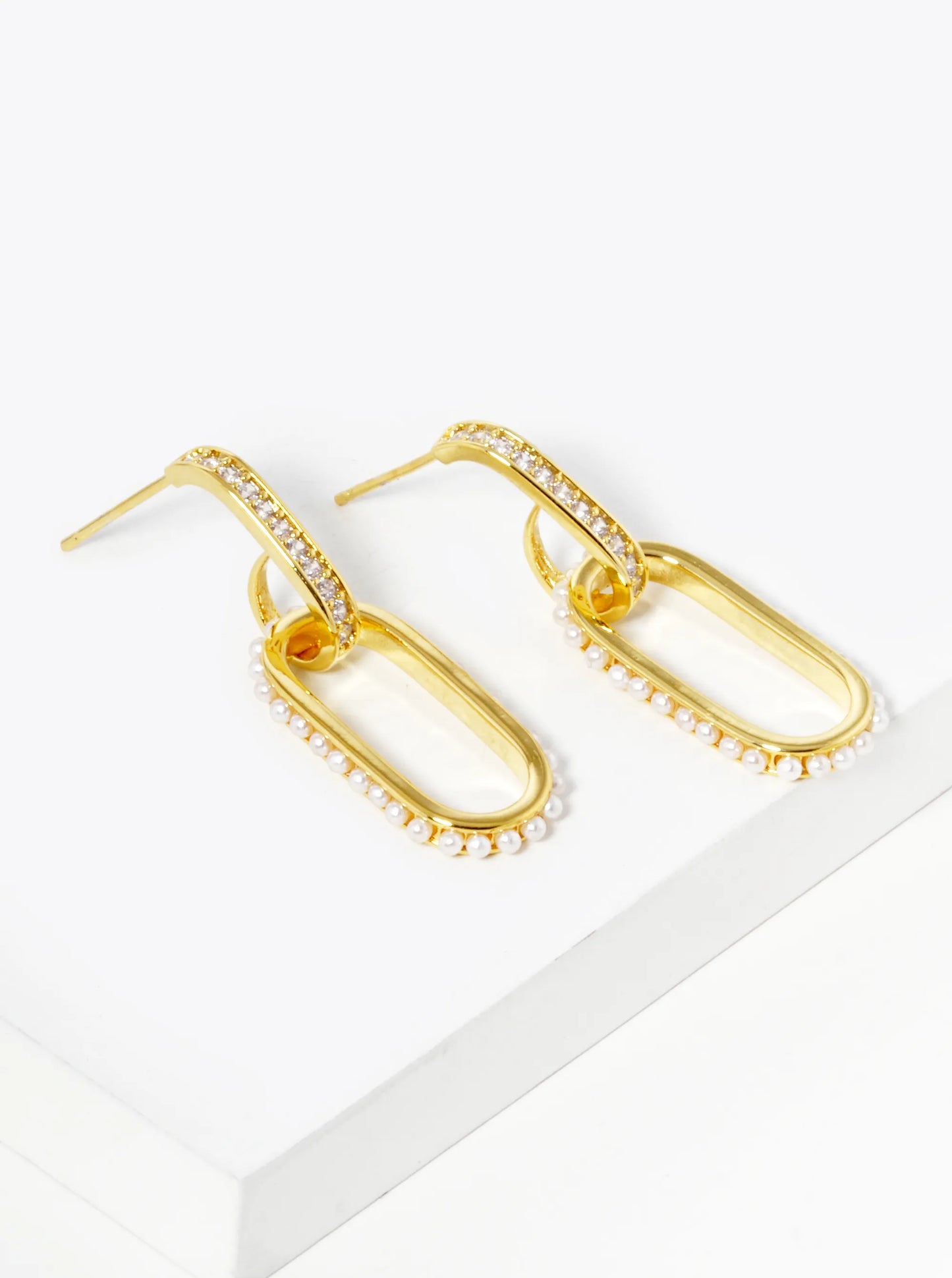 White Gold Dipped Pearl And CZ Pave Chain Shape Hoop Earrings