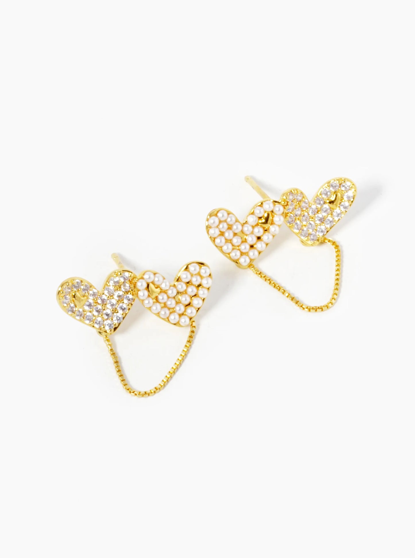 White Gold Dipped Pearl And CZ Pave Double Heart Chain Stud Earrings