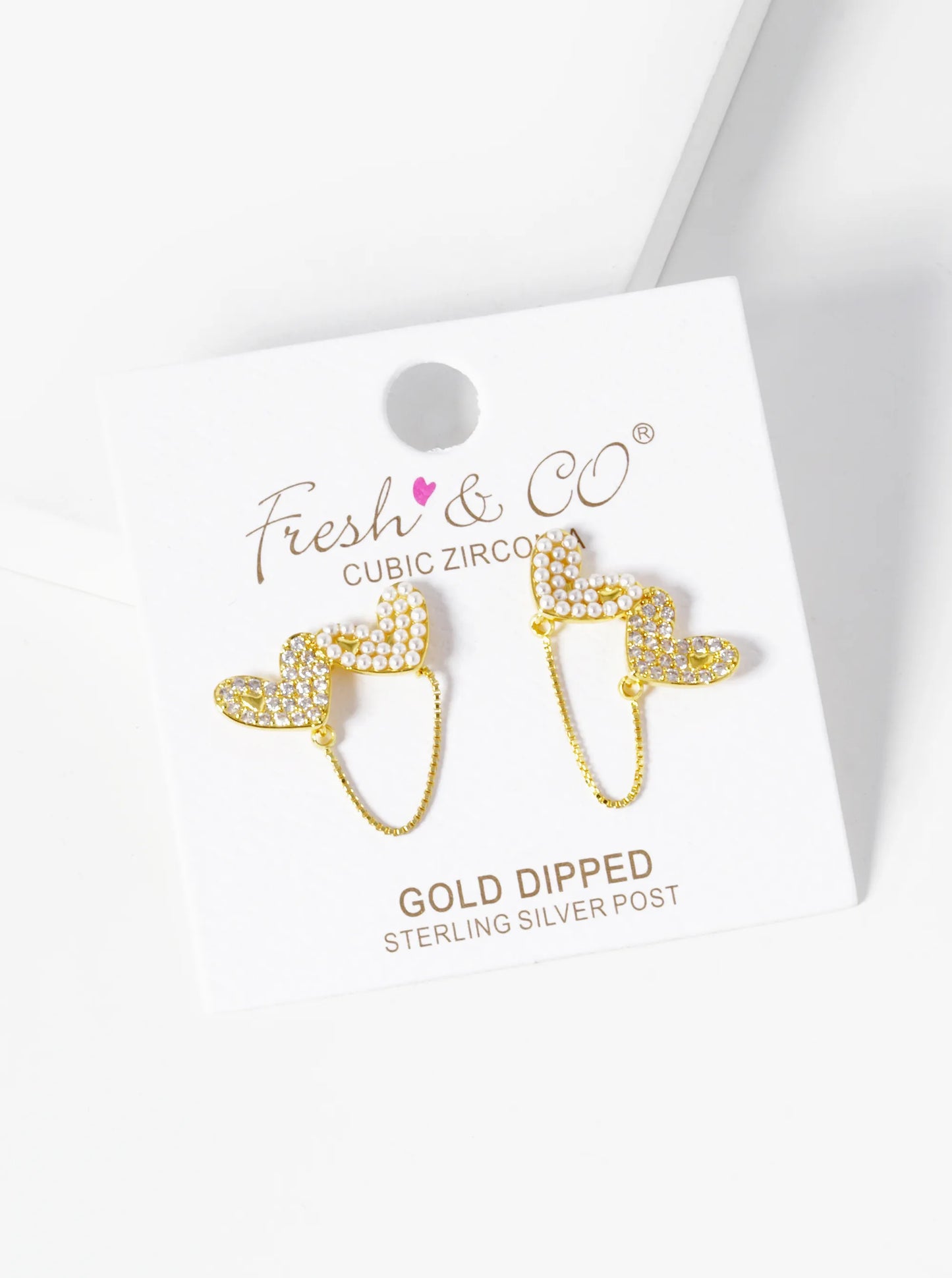 18k Gold Dipped Pearl And CZ Pave Double Heart Chain Stud Earrings