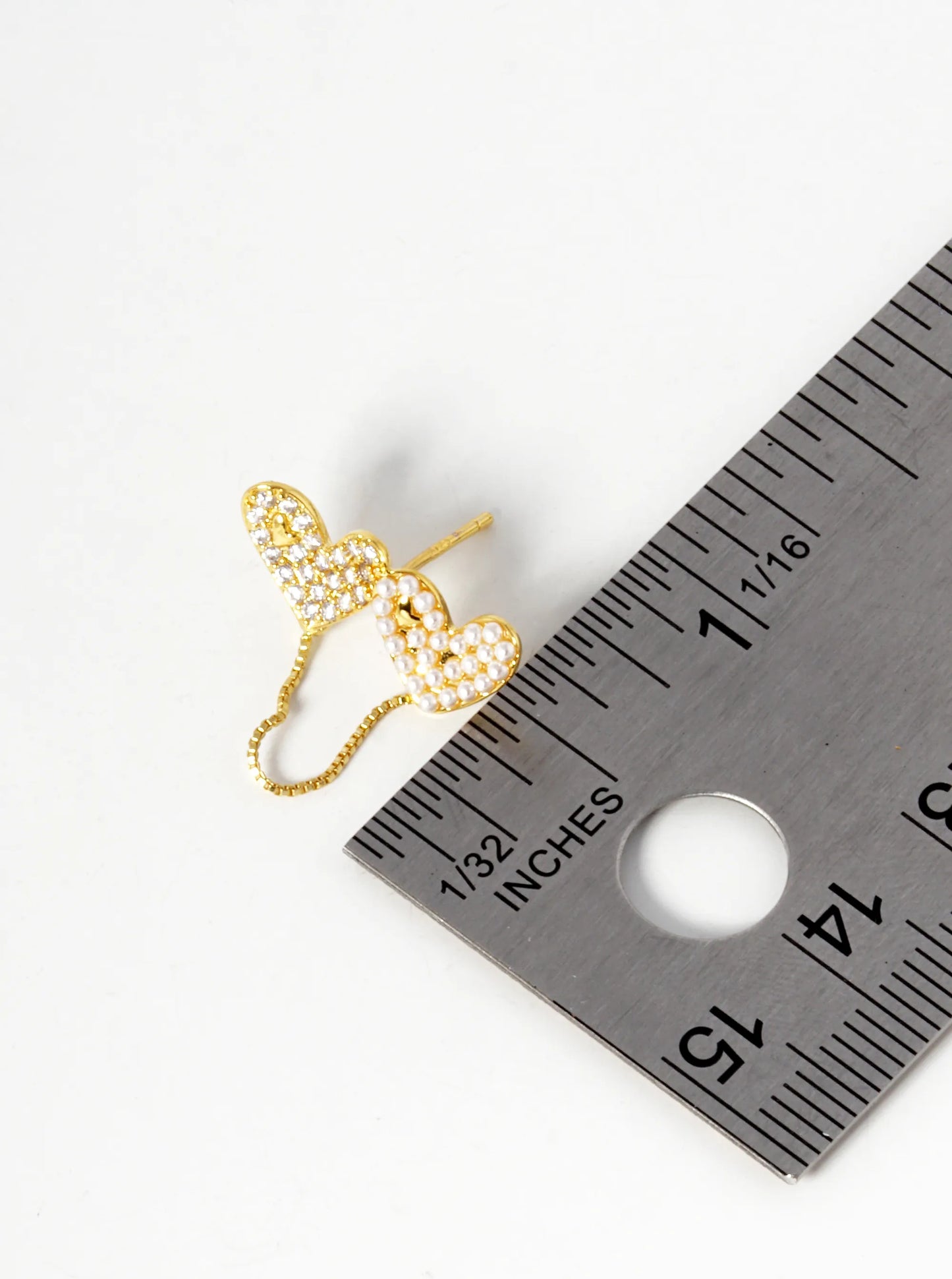 18k Gold Dipped Pearl And CZ Pave Double Heart Chain Stud Earrings