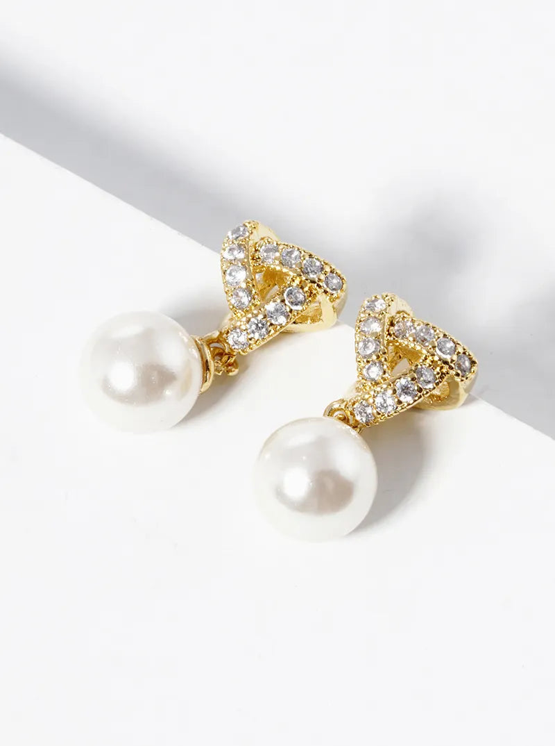 White Gold Dipped Pearl Bead Drop CZ Pave Triangle Dangle Post Earrings