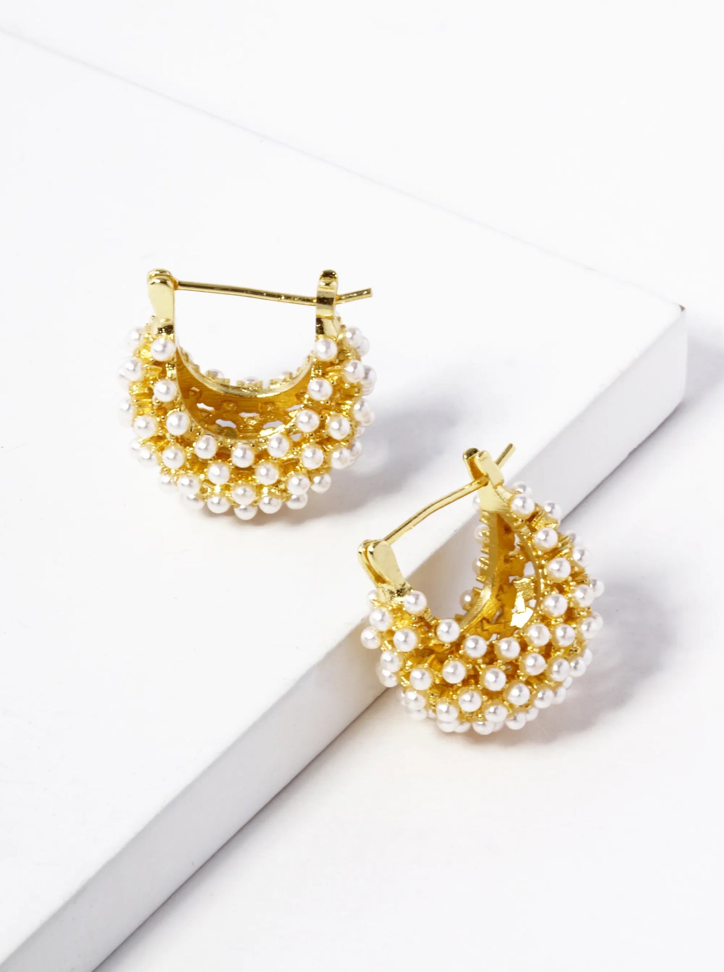 White Gold Dipped Pearl Beaded 3D Latch Back Hoop Earrings