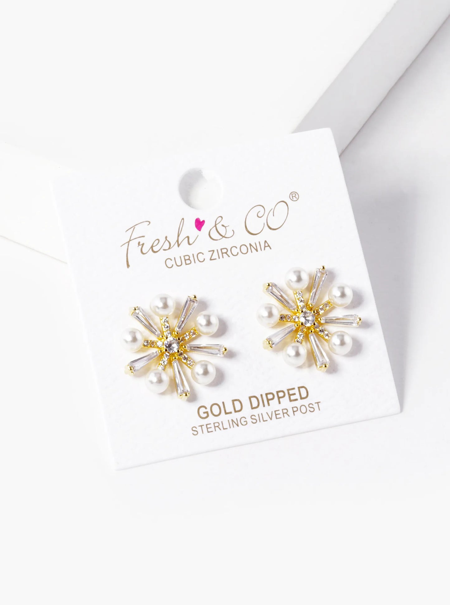 18k Gold Dipped Pearl CZ Pave Snowflake Stud Earrings