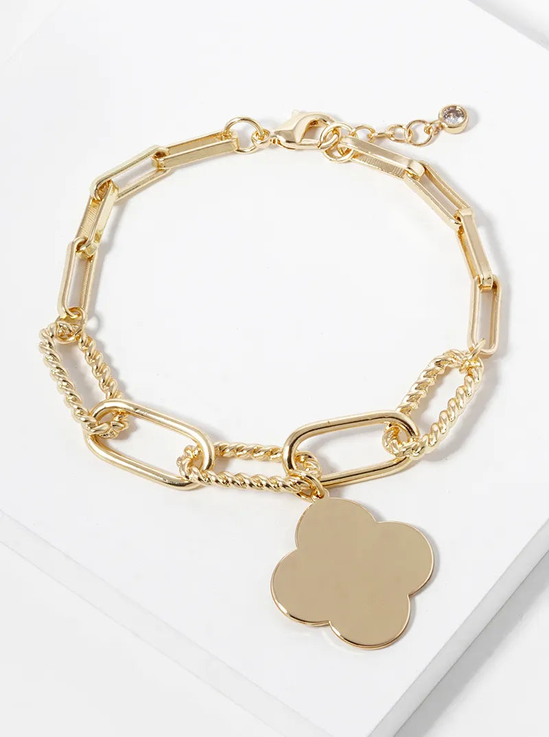 White Gold Dipped Quatrefoil Charm Chain Bracelet