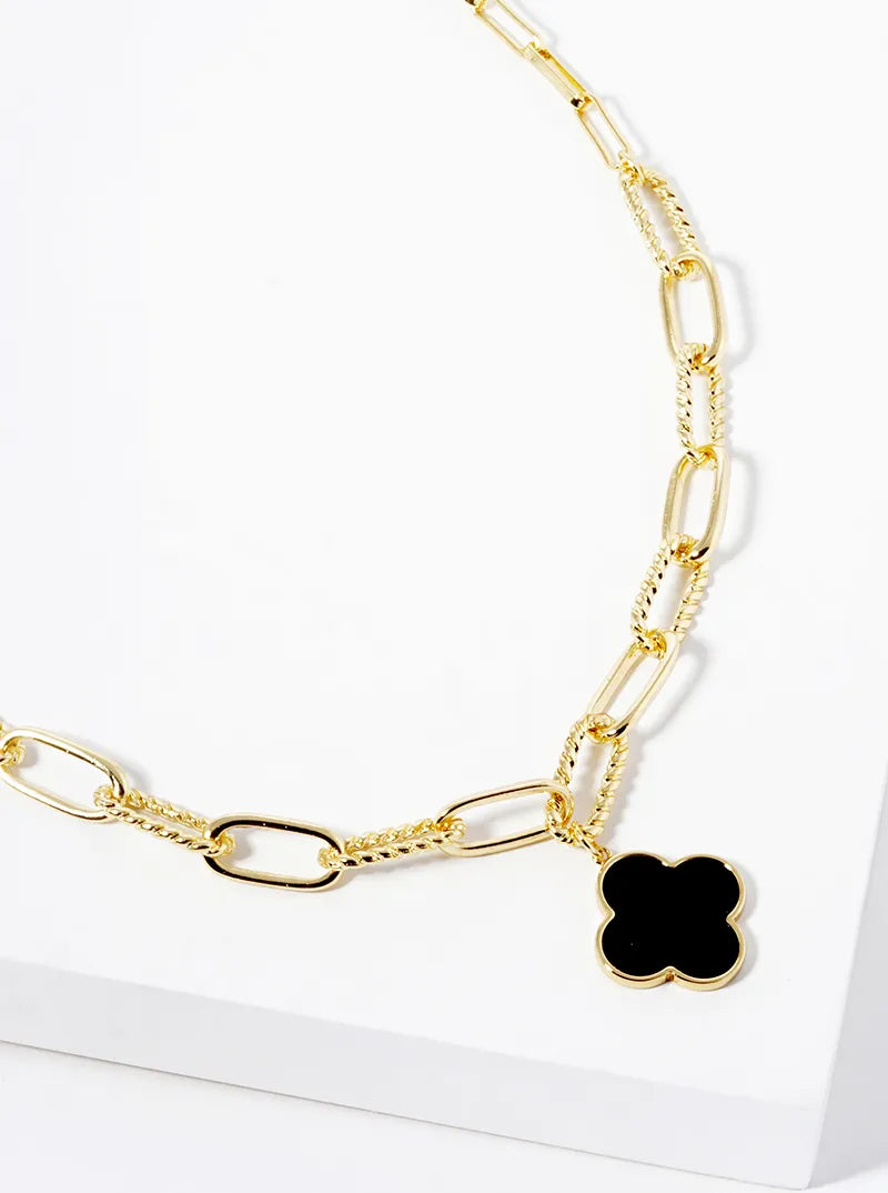White Gold Dipped Quatrefoil Pendant Link Chain Necklace