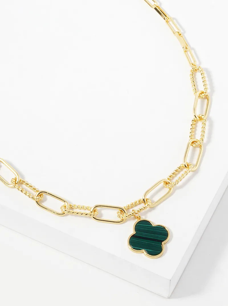 White Gold Dipped Quatrefoil Pendant Link Chain Necklace