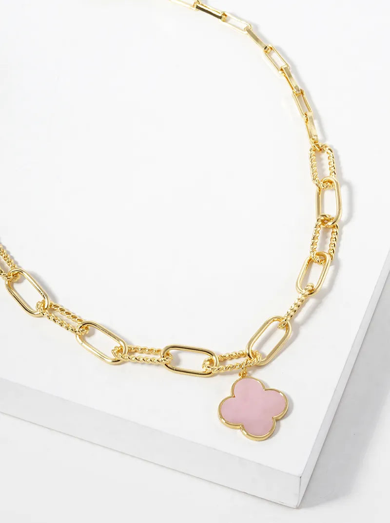 White Gold Dipped Quatrefoil Pendant Link Chain Necklace
