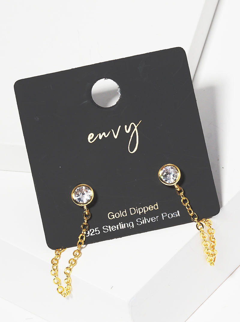 White Gold Dipped Round Bezel CZ Chain Post Earrings With Sterling Silver Post
