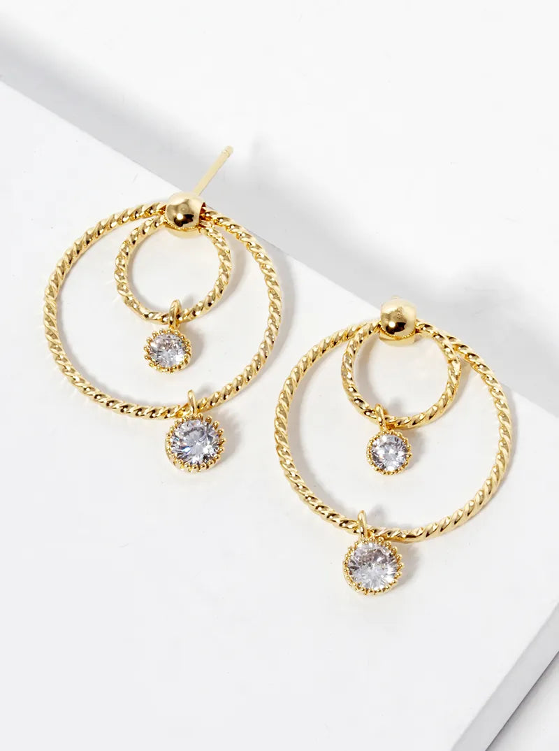 White Gold Dipped Round CZ Drop Double Circle Post Earrings